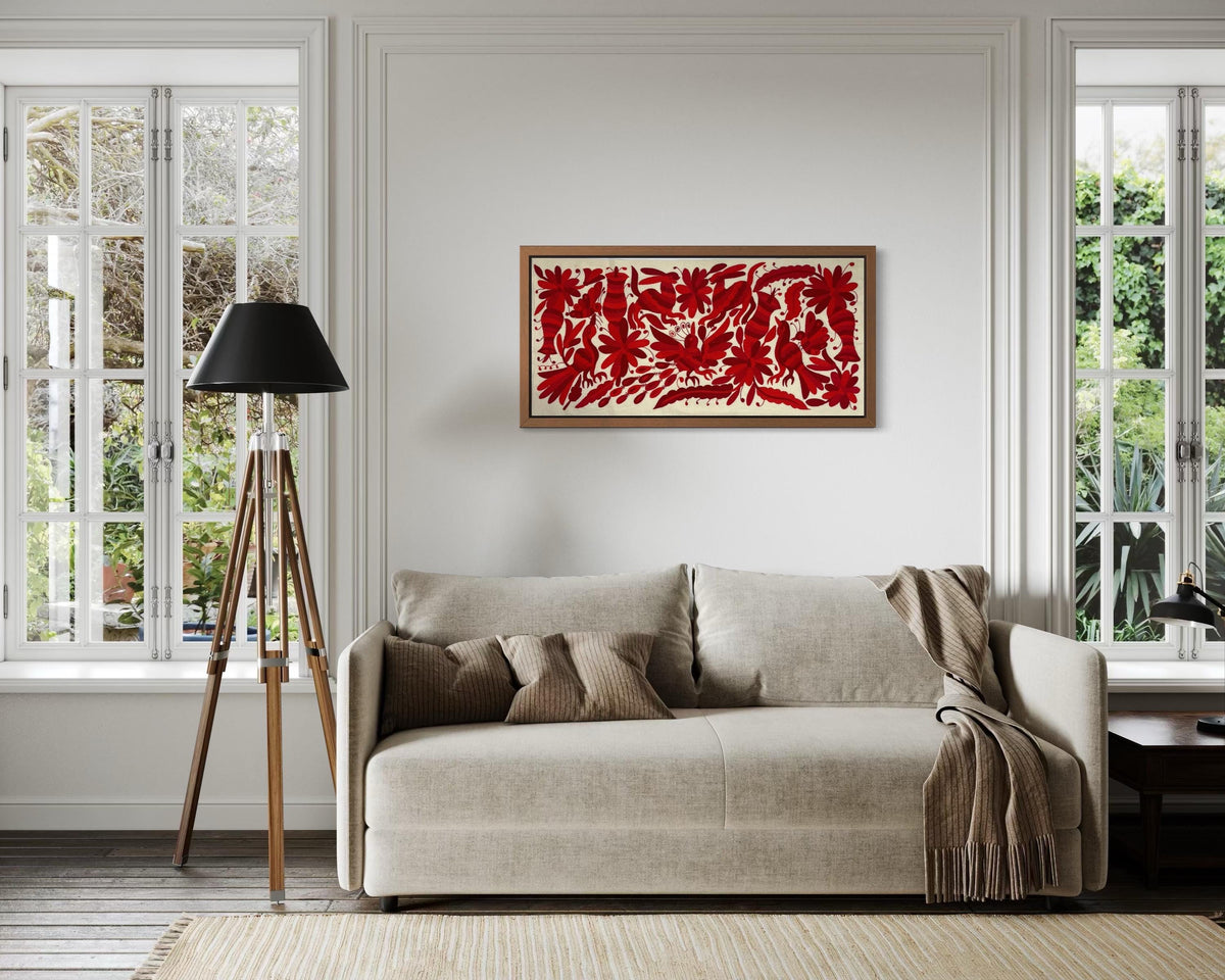 Bordado Tenango Hecho a Mano,Tapizado Otomi Moderno en Tres Colores de Rojo Combinados, Textil Mexicano XL 95 cm x 46 cm