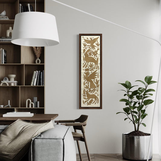 Bordado Tenango Hecho a Mano en Color Beige-Bordado Otomí XL 94 cm x 25 cm-Arte Mexicano de Forma Vertical (SIN MARCO)