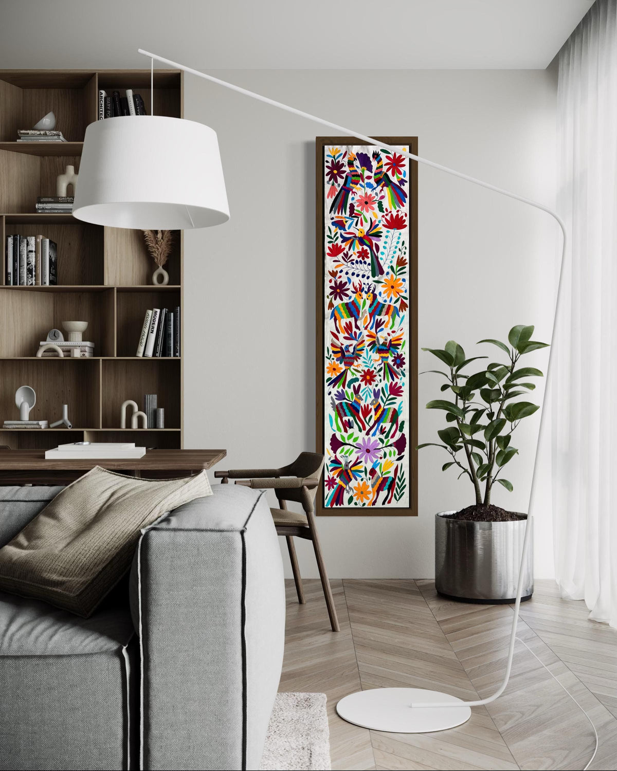 Enorme Bordado Tenango Hecho a Mano en Multicolor-Bordado Otomi en Vertical XXL 75.1  x 17.7 in