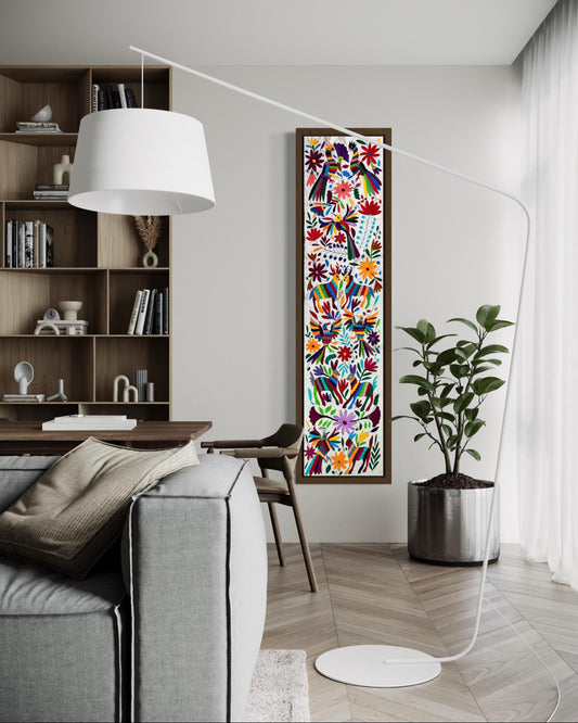 Enorme Bordado Tenango Hecho a Mano en Multicolor-Bordado Otomi en Vertical XXL 75.1  x 17.7 in